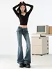 Calça jeans flare estilo americano para mulheres, coleção primavera/outono 2026, lavagem azul vintage, comprimento total, hot girl, stretch, cintura ultrabaixa, boca de sino