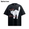 Camiseta de Manga Corta American Retro Fun Fried Cat Verano para Hombre y Mujer Moda Nacional Estilo Holgado Perezoso Pareja Top de Media Manga T