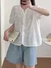 Nova Camisa Branca de Algodão Puro com Gola Redonda e Renda para Mulheres, Verão 2026, Top Petite de Manga Curta com Decote V, Blusa Branca Feminina