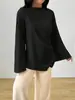 Moda Europea y Americana Nueva Moda Casual Cuello Redondo Satín Manga Larga Camisa Manga de Campana Jersey Dobladillo Irregular Top