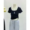 Top Base Dopamina Hombros Descubiertos Cuadrado Manga Corta Petite Ajustado Ceñido a la Cintura Camiseta Delgado de Verano para Chicas Atrevidas