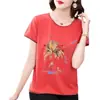 Camiseta de manga corta de algodón puro para mamá, vestido holgado de verano 2024 para mujer, de media manga, talla grande, informal, para mujeres de mediana edad y mayores, con diseño estilizado que cubre el vientre.