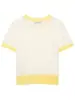 Verão 2026 Nova Roupa Feminina Estilo Europeu e Americano Gola Color Block Fina Manga Curta Tricô Top Curto Gola Redonda