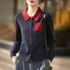 Cardigã de lã de malha fina com lapelas de cor contrastante para mulheres, blusa falsa de duas peças, suéter-casaco estiloso e que afina