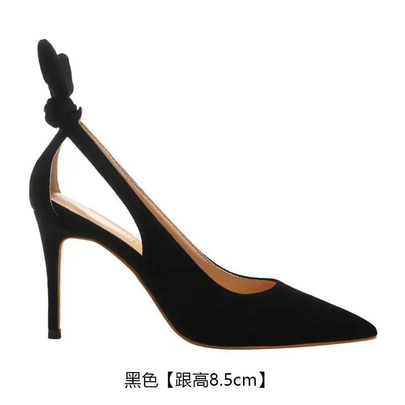 尖头黑色绒面高跟鞋女2023年新款春夏设计感小众浅口气质单鞋女