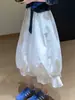 Falda Blanca Irregular con Capullo de Flor Hinchado para Mujer 2025 Nuevo Verano Delgado Elegante Vestido Largo Línea A con Cintura de Élite