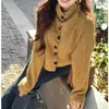 Cardigan casual de gola alta com mangas compridas em estilo coreano para mulheres, novo outono e inverno, de caimento solto, versátil, jaqueta de tricô vintage