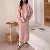 Conjunto de Saia e Suéter de Tricô Novo para Outono e Inverno para Mulheres, Conjunto de Duas Peças Casual Solto de Cor Sólida com Moletom com Capuz e Meia Saia