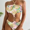 Moda Europeia e Americana 2025 Nova Joia de Metal Gola Halter Amarrar Peça Única Triângulo Sexy Biquíni de Banho de Comércio Exterior para Mulheres