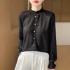 26 Verano Nuevo Estilo Elegante y Sofisticado de Punto con Volantes y Cuello Medio Alto Casual Delgado Jacquard Top Interior para Mujer