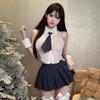 Lingerie sexy sexy justa modeladora estilo preppy uniforme JK chiffon transparente desejo puro minissaia ultrafina conjunto