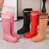 Botas de lluvia casuales impermeables, elásticas, para todas las estaciones, impermeables y antideslizantes, con forro de polar, estilos de media pantorrilla y alta para mujer para el invierno