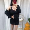 Foto real Lian Da produziu cardigã feminino fino elegante de outono coreano + vestido de alça conjunto de duas peças
