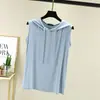 Chaleco con capucha de modal talla extra, sudadera con capucha de verano estilo coreano para mujer, sin mangas, corte holgado, prenda exterior fina