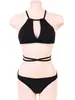 Bikini de dos piezas de color sólido con escote halter, corte cut-out, de estilo europeo y americano, de cintura alta, con cordones, sexy, para vacaciones en la playa