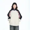 Jaqueta casual estilo retro americano com três listras e color blocking, gola alta, para mulheres, design de primavera e outono, cardigã moletom com zíper, moderno