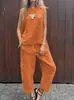 Enviado 2026 Sudeste Asiático Algodón Lino Moda Casual Holgado Conjunto de Dos Piezas Mujer Top sin Mangas Pantalones Holgados Mujer