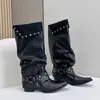 Botas Shoes de Bico Fino com Rebites Estilo Retrô, Botas de Cowboy Ocidentais Clássicas Versáteis, Botas Longas com Salto Grosso e Zíper Lateral, Botas de Cano Alto Femininas