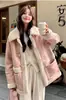Chaqueta rosa de retazos de lana de cordero con bolsillos, abrigo de invierno para mujer con forro polar y engrosado de piel sintética, chaqueta gruesa acolchada de algodón para venta transfronteriza