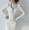 Mzoxom Ropa de Punto Elegante con Cuello Polo para Mujer Diseño de Color Contrastante Suéter de Punto de Gama Alta