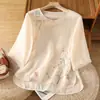 Camisa de algodón y lino con bordado pesado estilo chino de manga media para mujer, vestido de té de verano modificado estilo Zen con cuello diagonal, top de cuello redondo