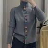Suéter Suave Holgado Estilo Coreano para Mujer, Estilo Dulce y Suave, Tejido de Punto de Cuello Alto Corto Abotonado de Colores para Principios de Otoño