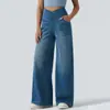 Jeans casuales de pierna ancha, holgados, de cintura alta, hasta el suelo, estilo europeo y americano, con cintura cruzada en V, jeans de mezclilla lavada para mujer