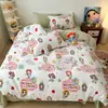 Conjunto de cama de quatro peças em veludo de leite de desenho animado para outono e inverno, com capa de edredom espessa e quente de flanela e fleece de coral, lençol com elástico e lençol de cama