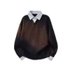 Moletom com Gola de Camisa Patchwork Xadrez Falso Duas Peças para Homens, Nova Tendência Primavera e Outono Marca Solta Estilo Retrô College Manga Longa