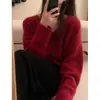 Tricô Azul Pavão com Gola Alta Feminino Outono e Inverno Preguiçoso Cor Lisa Tricô 2025 Nova Camisa Básica Solta Manga Longa