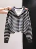 Suéter de tricô listrado retrô falso duas peças de manga longa para mulheres, nova jaqueta moletom solta slim fit estilo coreano A753