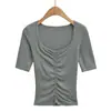 2625-26 Otoño, diseño ajustado estilo coreano con construcción curva, fruncido tridimensional, escote en forma de corazón, mangas tres cuartos, camiseta de meter, camiseta básica