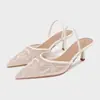Sapatos femininos de bico fino com salto alto, em malha bordada cor champanhe estilo francês, novo modelo primavera-verão 2026, salto agulha, bico fechado, calcanhar aberto, sapatos de noiva