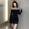 Vestido de Falda Irregular Larga con Manga Larga Incrustado de Diamantes Ajustado para Mujer Otoño Temprano Nuevo Falda Negra