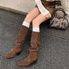 Botas Western Cowboy de Salto Grosso com Fivela de Cinto, Botas de Equitação Altas até o Joelho para Mulheres, Novo Estilo Inverno 2025, Botas Marrons