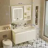 Gabinete de baño con lavabo integrado de piedra chapado en oro de lujo ligero estilo italiano, juego de tocador para baño