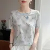 Elegante camiseta de malla con estampado degradado de manga corta para mujer, nuevo estilo de verano, holgada y elegante, rejuvenecedora, cuello redondo, camiseta base fina