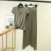 Camiseta de modal con cuello en V, conjunto de dos piezas de verano fino de manga corta y falda larga, ropa casual para casa de talla grande, atuendo elegante para usar al aire libre