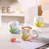 Taza de Cerámica Tulipán Alto Valor de Color Pintada a Mano Color Bajo Esmalte Taza Gradiente para Agua Taza para Pareja con Flor en Relieve