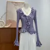 Puro Deseo Estilo Chica Picante Suéter de Punto de Manga Larga para Mujer Otoño Invierno Nuevo Cuello con Volantes Adelgazante Chic Top Corto