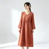 Vestido de Noite Feminino de Gaze Dupla de Algodão Floral Retrô Artístico para Primavera, Outono e Verão, Manga Longa Fina, Solto, para Casa