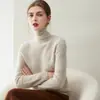 Suéter de punto 100% cachemira pura para mujer, manga larga, dobladillo enrollado, cuello medio alto, suéter de cachemira de doble hebra engrosada, suéter base adelgazante