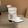 Botines blancos de punta fina con tacón grueso, nuevos para otoño e invierno 2026 para mujer, con hebilla de cinturón, botines de montar sin cordones, botines de media pierna