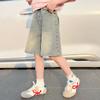 Shorts Jeans Feminino de Verão Finos Largos Retrô Desgastado Patchwork Casual Reto Emagrecedor Perna Larga
