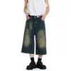 Jeans Cortos Vintage Lavados Old de Estilo Americano para Hombre, Holgados de Pierna Ancha Rectos, Marca Trendy High Street, Pantalones Cortos