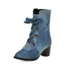 Botas Femininas de Comércio Exterior Jeans Inverno Novo Estilo Coreano Botas com Cadarço Sapatos de Salto Grosso Botas de Motocicleta Botas Curtas de Salto Alto