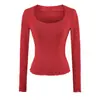 Ropa de mujer de estilo europeo y americano transfronteriza INS al por mayor: Camiseta básica puramente seductora de escote bajo, realzadora del busto, de manga larga, corte ajustado, elástica, con dobladillo