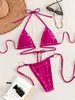 Bikini de Moda de Verano de Color Sólido Brillante Adornado con Diamantes con Espalda Descubierta de Atar y Laterales de Atar Braguitas de Triángulo Sexy