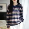 Ropa de punto para mujer transfronteriza, nueva colección otoño/invierno 2026: cuello redondo, manga larga, a rayas con bloques de color, corte holgado, con lentejuelas y base de color contrastante