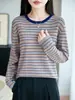 Top de punto de manga larga a rayas para mujer de principios de otoño, diseño clásico de bloques de color, suave y cómodo, corte ajustado y favorecedor